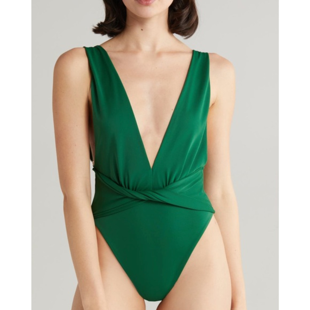 NEW AGUA BENDITA GREEN ELLIS DREAMIN PLUNGE ONE PIECE SWIMSUIT FREE PEOPLE SZ L